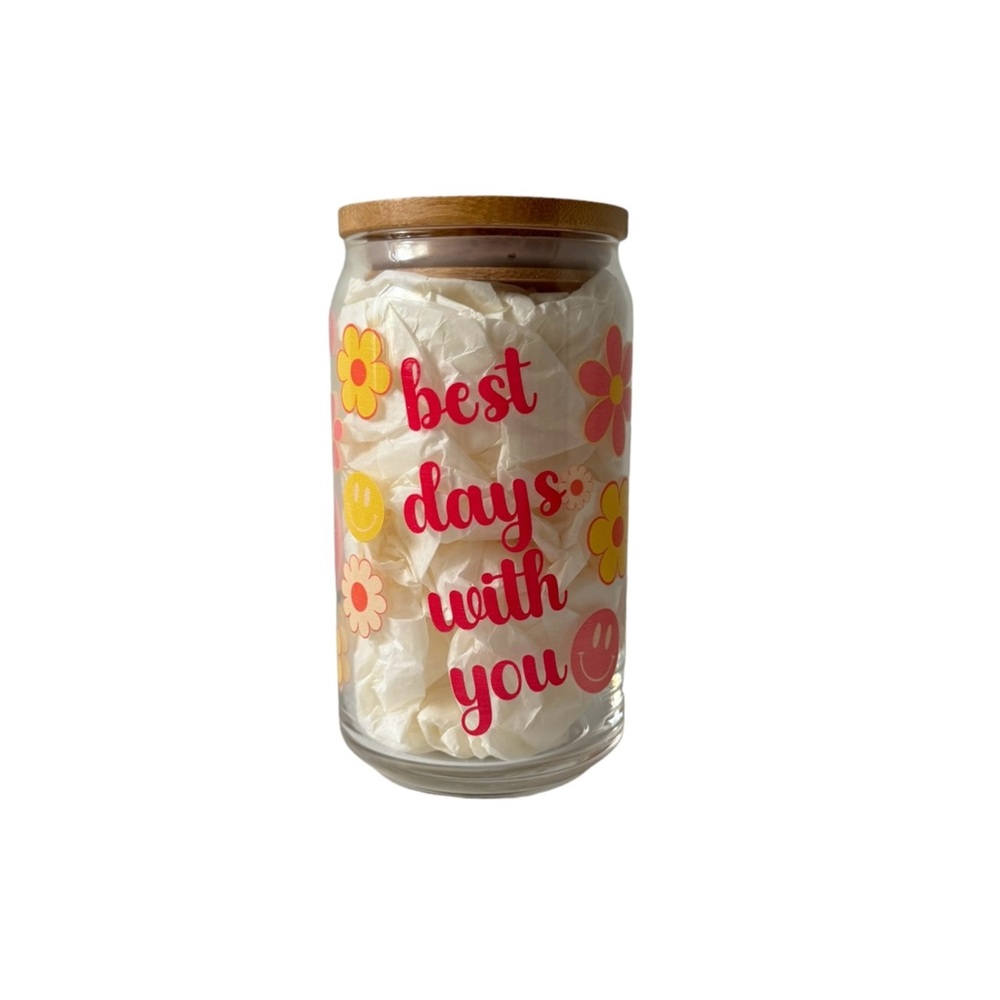 Swift Best Days With You Fearless Flower Smiley Face Sipper Glass w/ Bamboo Lid‎